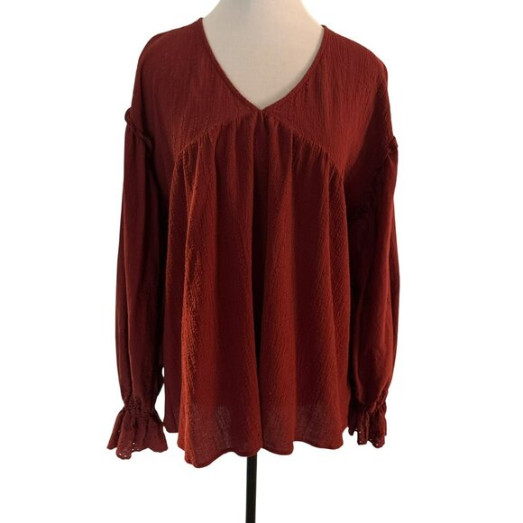 Lovecolette Rust 100% Cotton Textured Long Sleeve V-Neck Blouse Size Large - Picture 1 of 7